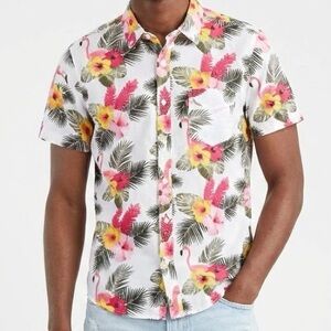 Levis Kharl Tropical Hawaiian Floral Shirt Medium Short Sleeve Hibiscus Flamingo